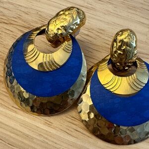 Vintage Gold Toned and Blue Statement Dangle Earrings